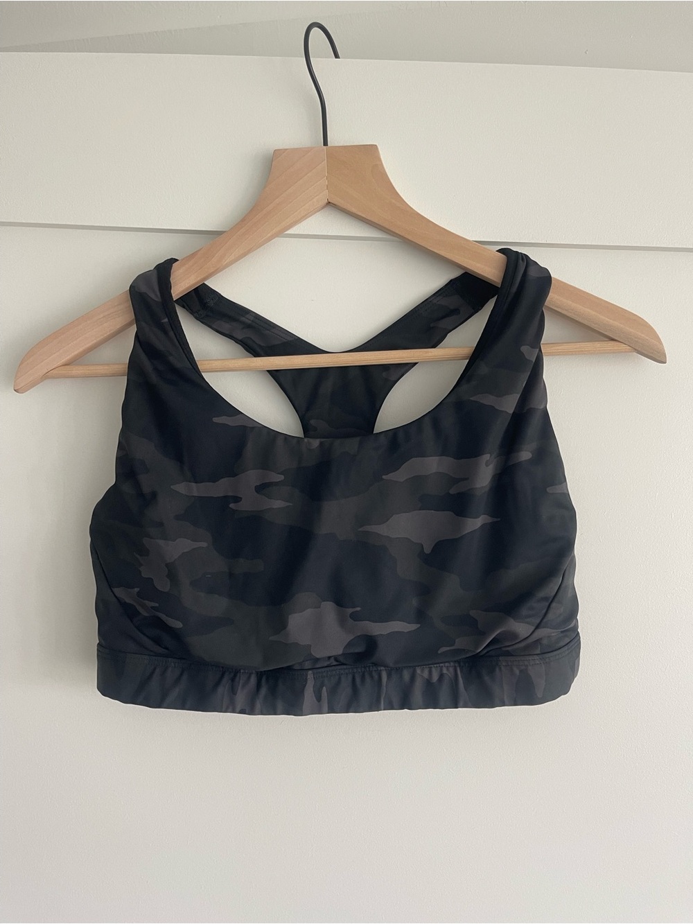 Athleta Black and Dark Gray Camo Racerback Sports Bra